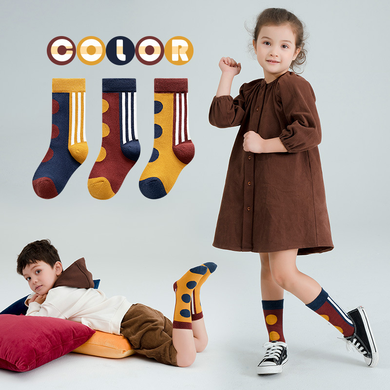 3 Pairs Children Cotton Socks Autumn Winter Big Polka Dot Baby Socks Strips Ankle Socks